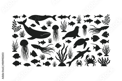Underwater world silhouette ocean creatures and plants illustration