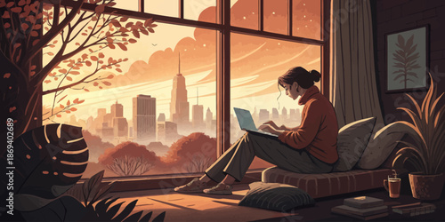 Modern Remote Work Concept with Person Character working on Laptop in a Cozy Home Office Environment