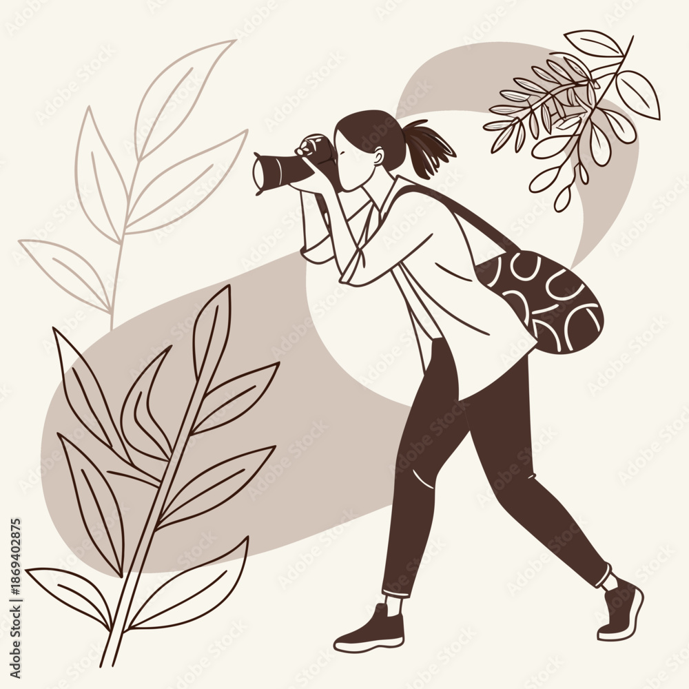 Fototapeta premium A woman captures the beauty of nature through her camera lens while walking outdoors