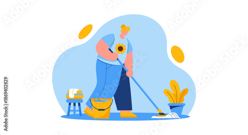 Woman Cleaning Floor with Mop and Bucket.