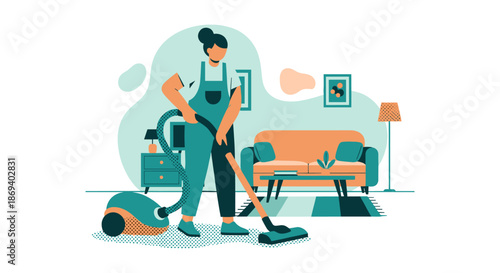Woman Cleaning Living Room with Vacuum Cleaner.