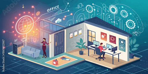 Stylized Illustration of Digital Transformation Process Showing Technological Growth and Innovation in a Modern Corporate Environment