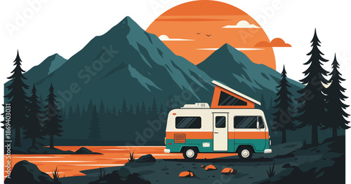Vintage camper van parked by river in front of mountains at sunset