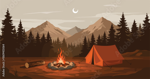 Camping in the mountains with a tent and campfire at night