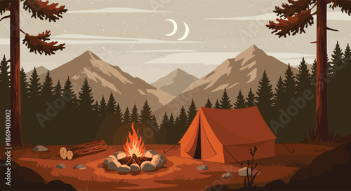 Campsite in mountains with tent and campfire under crescent moon