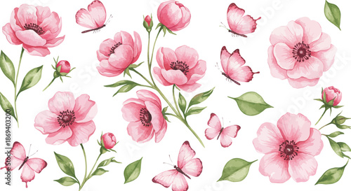 Pink flowers and green leaves on white background in floral arrangement