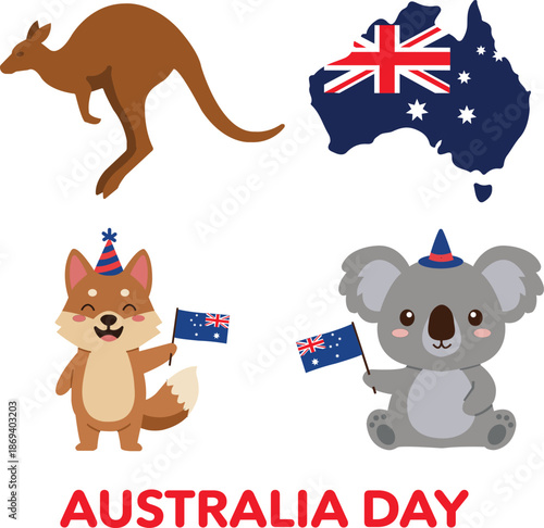 Australia Day celebration with kangaroo, koala, dingo and Australian map flag design vector illustration set