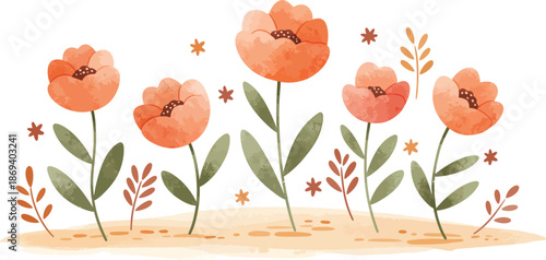 Vibrant orange tulips and wildflowers on white background