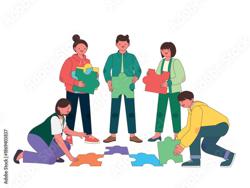 Collaborative group of people working together to solve a problem by connecting giant puzzle pieces, flat vector illustration representing teamwork and business strategy