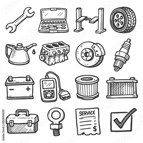 Hand-drawn car service tools and equipment illustration with various auto parts.