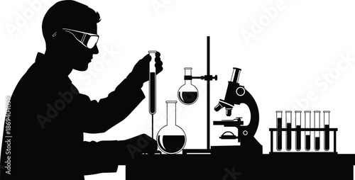 Black and white silhouette vector illustration of a male scientist working in a laboratory with microscope, test tubes, flasks, and chemical research equipment. (Exactly 23 words)