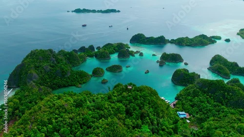 Aerial view of landscape scene with Raja Ampat Islands, Indonesian archipelago, West Papua, Indonesia