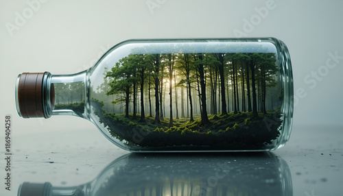 Forest ecosystem preserved inside glass bottle symbolizing sustainability