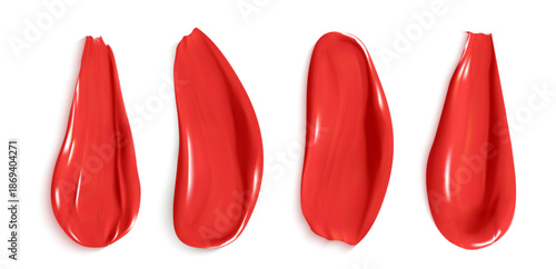 Red oil paint strokes set isolated on white. Vector realistic illustration of acrylic color paint brush, watercolor smears with smooth glossy texture, lip gloss samples on surface, makeup cosmetics