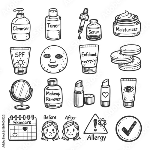 Hand-drawn skincare products collection with usage illustrations.