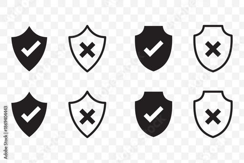Security protection shield icon set: verified safety check mark and cross mark symbols, data privacy guard, and insurance guarantee vector elements