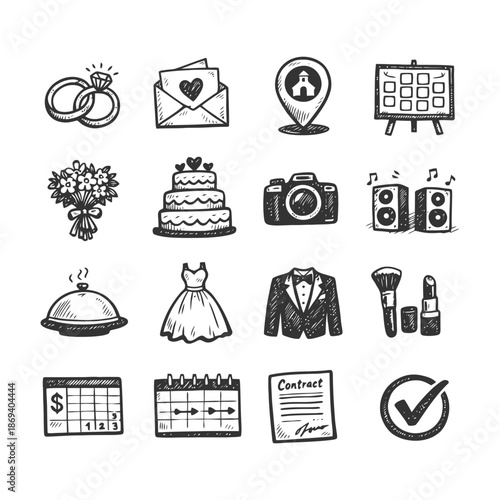 Hand-drawn wedding icon set with rings, cake, dress, and more.