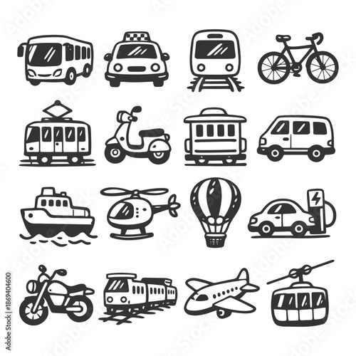 Various transport icons: cars, buses, bikes, trains, planes, helicopters, boats.