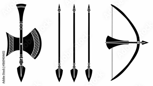 Ancient battle weapons and bow with arrows