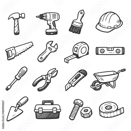 Hand-drawn construction tool icons: hammer, drill, brush, hard hat.