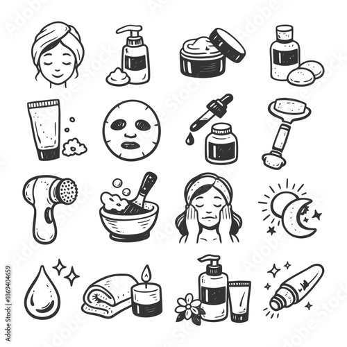 Skincare and beauty icons collection: creams, masks, tools, and relaxation.