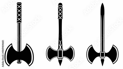 Medieval battle weapons set with axes and sword