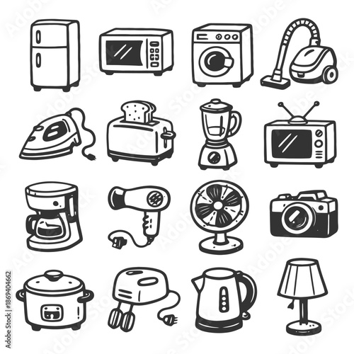 Collection of hand-drawn home appliances: fridge, microwave, washer, and more.