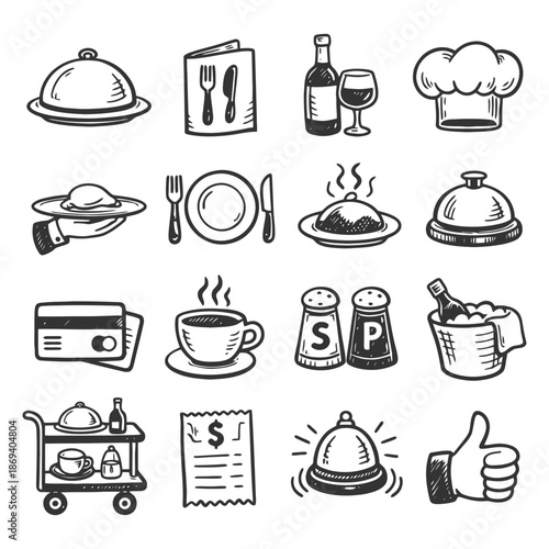 Collection of hand-drawn restaurant and dining icons: chef hat, wine, cutlery, food, tray.