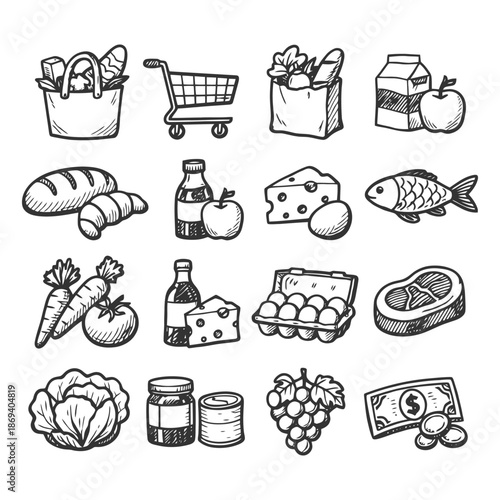 Hand-drawn grocery items collection featuring food, bottles, and packaging.