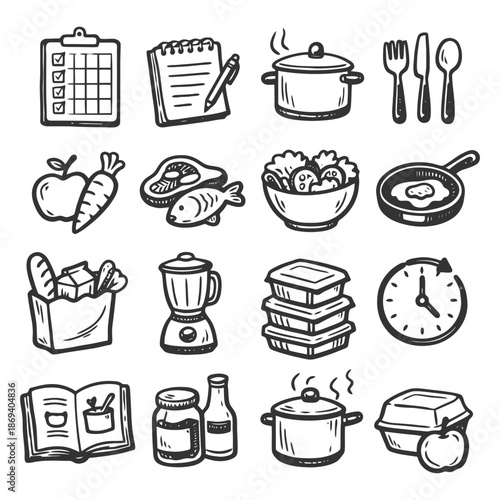 Hand-drawn cooking icons: food, ingredients, utensils, and kitchen supplies.