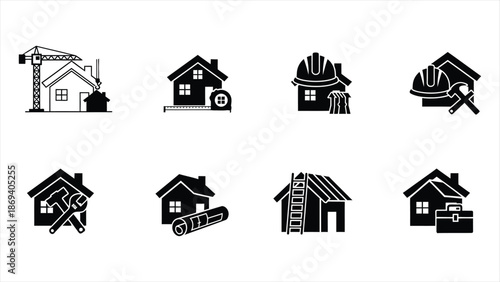 Collection of house construction icons displayed on a white background