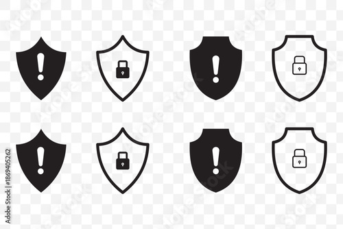 Shield security icons collection, protection and privacy symbols with info icon and lock for cybersecurity safety design applications interfaces 