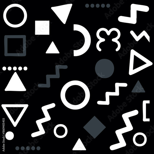 Seamless Black and White Memphis Geometric Icon Pattern Background