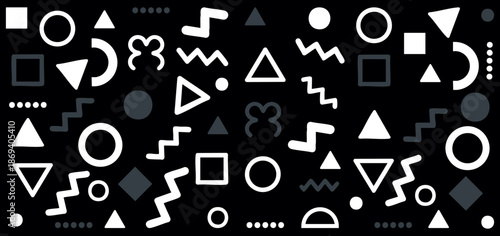 Seamless Black and White Memphis Geometric Icon Pattern Background