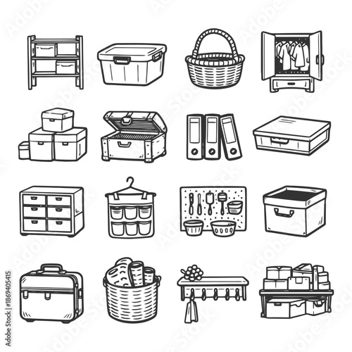 Hand-drawn home storage solutions: baskets, boxes, organizers, and cabinets.