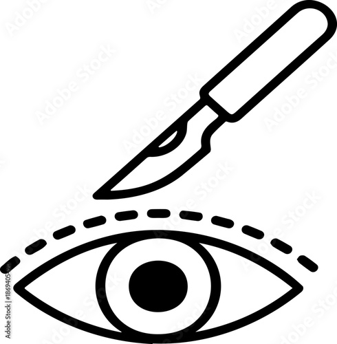 Minimalist Line Art Vector Icon of a Scalpel Performing Surgery on a Human Eye - Concept for Ophthalmology, LASIK Laser Eye Surgery, Blepharoplasty, and Medical Vision Correction