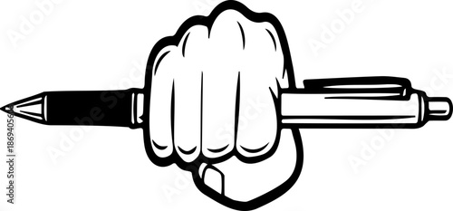 Minimalist Vector Illustration of a Clenched Fist Holding a Pen - Symbol of Freedom of Press, Creative Power, and Writing Resistance