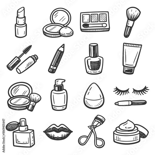 Hand-drawn makeup tools collection with lipstick, brushes, and mascara.