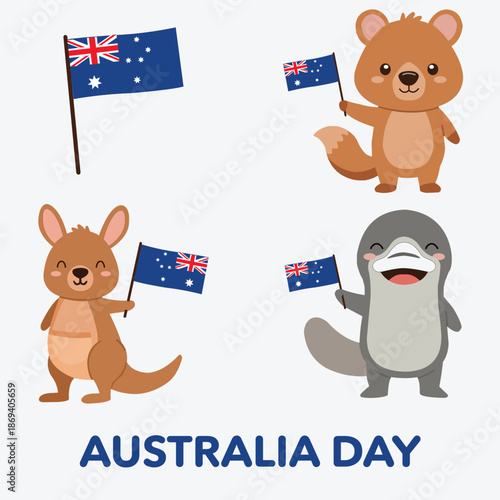Australia Day celebration with cute Australian animals holding flags including quokka, platypus and kangaroo cartoon vector set