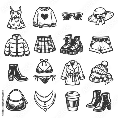 Fashion set: dresses, footwear, accessories, outerwear, and more.