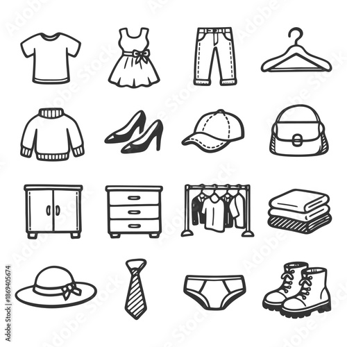 Clothing and accessories icons: dress, shoes, hat, bag, wardrobe, and more.