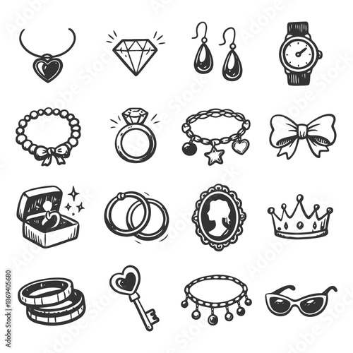 Collection of hand-drawn jewelry icons featuring rings, necklaces, bracelets, and accessories.