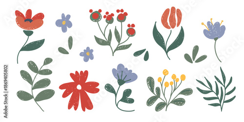 Crayon doodle flowers set isolated on white. Vector illustration of cute hand drawn pastel plants, bright color flowers design, botanical garden or wildflower field elements, greeting card decoration