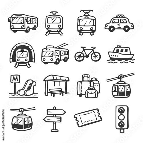 Hand-drawn transportation icons: vehicles, bikes, boats, public transit elements.