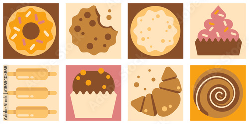 Geometric pattern for bakery design. Vector illustration of seamless tiles with doodle cinnabon, muffin, croissant, cookie, donut and rolling pin, fresh baked food, hand drawn pastry menu mosaic