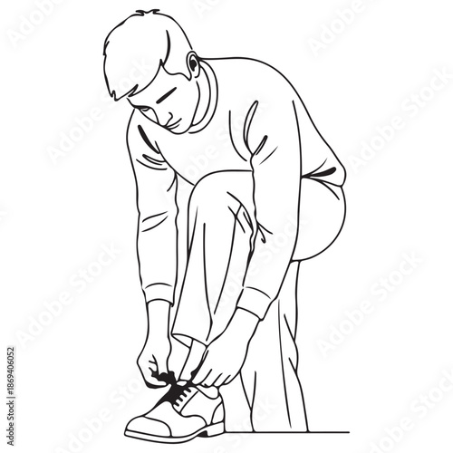 Outline Illustration of Person Tying Shoe on White Background