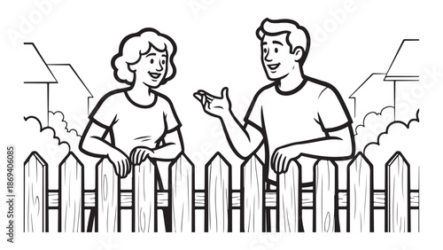 Line Art Illustration of Neighbors Chatting Over a Wooden Fence