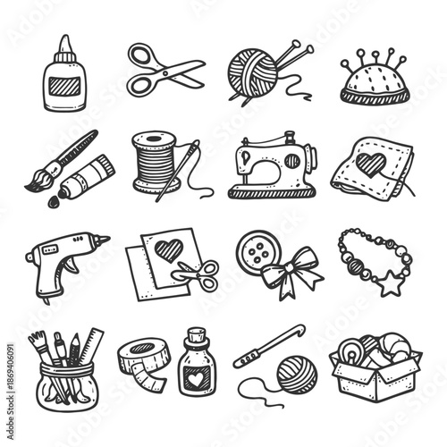 Hand-drawn craft supplies collection including sewing kit, glue, yarn, and paintbrushes.