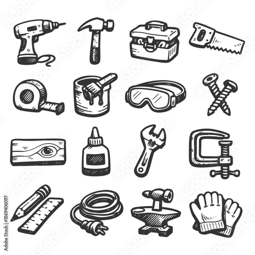 Hand-drawn tool icons: drill, hammer, toolbox, saw, screws, wrench, goggles, glue, gloves.