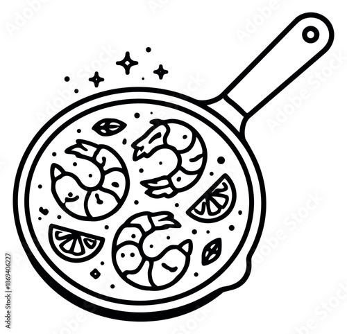 Hand drawn illustration of sizzling shrimp in a pan depicting a fresh seafood meal for a restaurant menu